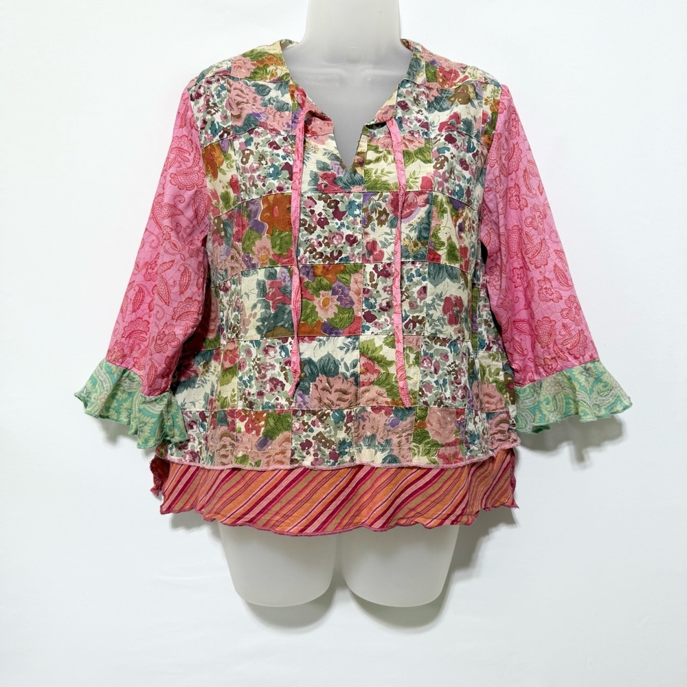 Somewhat Funky Boho Floral Patchwork Top Small Mixed Print Ruffle Hem Blouse